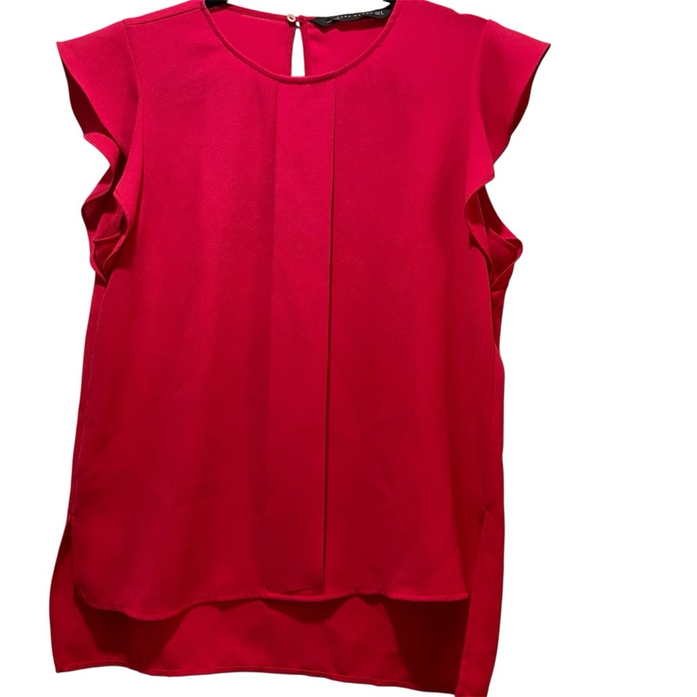 Zara Bright Pink Ruffle Sleeve Blouse High Low Top Size M
